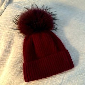 Winter Hat / Burgundy Wool with Fur Pom Pom